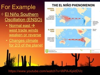 For Example
◊ El Niño Southern
Oscillation (ENSO)
• Normal east 
west trade winds
weaken or reverse
• Changes climate
for 2/3 of the planet
https://www.youtube.com/watch?v=WPA-KpldDVc
 