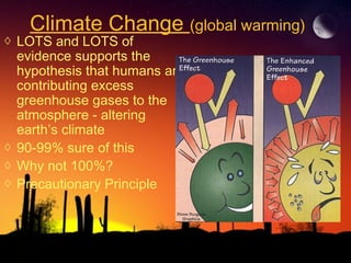 Climate Change (global warming)
◊ LOTS and LOTS of
evidence supports the
hypothesis that humans are
contributing excess
greenhouse gases to the
atmosphere - altering
earth’s climate
◊ 90-99% sure of this
◊ Why not 100%?
◊ Precautionary Principle
 