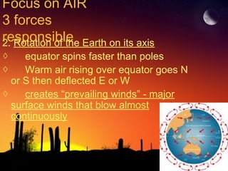 Focus on AIR
3 forces
responsible2. Rotation of the Earth on its axis
◊ equator spins faster than poles
◊ Warm air rising over equator goes N
or S then deflected E or W
◊ creates “prevailing winds” - major
surface winds that blow almost
continuously
 
