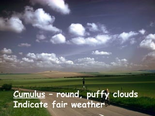 Cumulus  – round, puffy clouds Indicate fair weather 