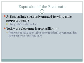 Expansion of the Electorate
At first suffrage was only granted to white male
property owners
 1 in 15 adult white males
Today the electorate is 230 million +
 Restrictions have been taken away & federal government has
taken control of suffrage laws
 