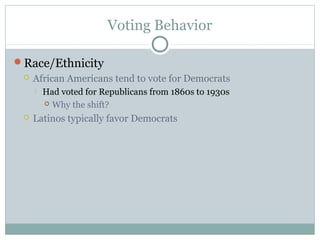 Voting Behavior
Race/Ethnicity
 African Americans tend to vote for Democrats
 Had voted for Republicans from 1860s to 1930s
 Why the shift?
 Latinos typically favor Democrats
 