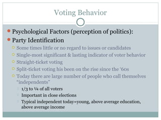 Voting Behavior
Psychological Factors (perception of politics):
Party Identification
 Some times little or no regard to issues or candidates
 Single-most significant & lasting indicator of voter behavior
 Straight-ticket voting
 Split-ticket voting his been on the rise since the ‘60s
 Today there are large number of people who call themselves
“independents”
 1/3 to ¼ of all voters
 Important in close elections
 Typical independent today=young, above average education,
above average income
 