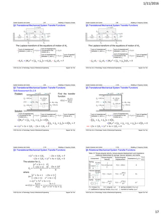 1/11/2016
17
§5.Translational Mechanical System Transfer Functions
The Laplace transform of the equations of motion of 𝑀2
−𝐾2 𝑋1 + [𝑀2 𝑠2
+ 𝑓𝑣2
+ 𝑓𝑣4
𝑠 + 𝐾2]𝑋2 − 𝑓𝑣4
𝑠𝑋3 = 𝐹
System Dynamics and Control 2.97 Modeling in Frequency Domain
HCM City Univ. of Technology, Faculty of Mechanical Engineering Nguyen Tan Tien
§5.Translational Mechanical System Transfer Functions
The Laplace transform of the equations of motion of 𝑀3
−𝑓𝑣3
𝑠𝑋1 − 𝑓𝑣4
𝑠𝑋2 + [𝑀3 𝑠2
+ 𝑓𝑣3
+ 𝑓𝑣4
𝑠]𝑋3 = 0
System Dynamics and Control 2.98 Modeling in Frequency Domain
HCM City Univ. of Technology, Faculty of Mechanical Engineering Nguyen Tan Tien
§5.Translational Mechanical System Transfer Functions
Skill-Assessment Ex.2.8
Problem Find the transfer
function
𝐺 𝑠 =
𝑋2(𝑠)
𝐹(𝑠)
Solution
+ 𝑀1 𝑠2
+ 𝑓𝑣1
+ 𝑓𝑣2
+ 𝑓𝑣3
𝑠 + 𝐾 𝑋1
− 𝑓𝑣1
+ 𝑓𝑣2
+ 𝑓𝑣3
𝑠 + 𝐾 𝑋2 = 𝐹
⟹ +(𝑠2
+ 3𝑠 + 1)𝑋1 − (3𝑠 + 1)𝑋2 = 𝐹
System Dynamics and Control 2.99 Modeling in Frequency Domain
HCM City Univ. of Technology, Faculty of Mechanical Engineering Nguyen Tan Tien
§5.Translational Mechanical System Transfer Functions
− 𝑓𝑣1
+ 𝑓𝑣2
+ 𝑓𝑣3
𝑠 + 𝐾 𝑋1
+ 𝑀2 𝑠2
+ 𝑓𝑣1
+ 𝑓𝑣2
+ 𝑓𝑣3
+ 𝑓𝑣4
𝑠 + 𝐾 𝑋2 = 0
⟹ −(3𝑠 + 1)𝑋1 + (𝑠2
+ 4𝑠 + 1)𝑋2 = 0
System Dynamics and Control 2.100 Modeling in Frequency Domain
HCM City Univ. of Technology, Faculty of Mechanical Engineering Nguyen Tan Tien
§5.Translational Mechanical System Transfer Functions
+ 𝑠2
+ 3𝑠 + 1 𝑋1 − 3𝑠 + 1 𝑋2 = 𝐹
−(3𝑠 + 1)𝑋1 + (𝑠2
+ 4𝑠 + 1)𝑋2 = 0
The solution for 𝑋2
𝑋2 =
𝑠2
+ 3𝑠 + 1 𝐹
− 3𝑠 + 1 0
∆
=
3𝑠 + 1 𝐹
∆
where
∆=
𝑠2
+ 3𝑠 + 1 − 3𝑠 + 1
− 3𝑠 + 1 𝑠2
+ 4𝑠 + 1
= 𝑠(𝑠3
+ 7𝑠2
+ 5𝑠 + 1)
⟹ 𝐺 𝑠 =
𝑋2(𝑠)
𝐹(𝑠)
=
3𝑠 + 1
𝑠(𝑠3 + 7𝑠2 + 5𝑠 + 1)
System Dynamics and Control 2.101 Modeling in Frequency Domain
HCM City Univ. of Technology, Faculty of Mechanical Engineering Nguyen Tan Tien
§6.Rotational Mechanical System Transfer Functions
System Dynamics and Control 2.102 Modeling in Frequency Domain
HCM City Univ. of Technology, Faculty of Mechanical Engineering Nguyen Tan Tien
 