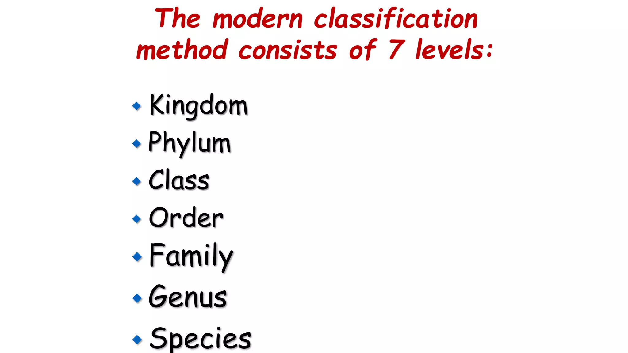 The modern classification
method consists of 7 levels:
 Kingdom
 Phylum
 Class
 Order
 Family
 Genus
 Species
 