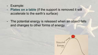 - Example:
- Plates on a table (if the support is removed it will
accelerate to the earth’s surface)
- The potential energy is released when an object falls
and changes to other forms of energy.
 