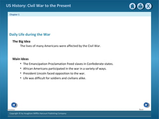 Chapter 1
Copyright © by Houghton Mifflin Harcourt Publishing Company
NextPrevious
US History: Civil War to the Present
Daily Life during the War
The Big Idea
The lives of many Americans were affected by the Civil War.
Main Ideas
• The Emancipation Proclamation freed slaves in Confederate states.
• African Americans participated in the war in a variety of ways.
• President Lincoln faced opposition to the war.
• Life was difficult for soldiers and civilians alike.
 