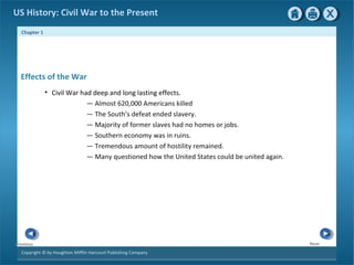 Chapter 1
Copyright © by Houghton Mifflin Harcourt Publishing Company
NextPrevious
US History: Civil War to the Present
Effects of the War
• Civil War had deep and long lasting effects.
— Almost 620,000 Americans killed
— The South’s defeat ended slavery.
— Majority of former slaves had no homes or jobs.
— Southern economy was in ruins.
— Tremendous amount of hostility remained.
— Many questioned how the United States could be united again.
 