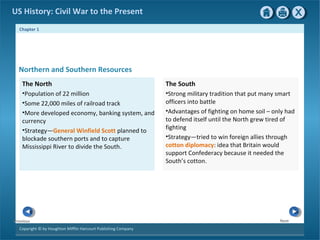 Chapter 1
Copyright © by Houghton Mifflin Harcourt Publishing Company
NextPrevious
US History: Civil War to the Present
Northern and Southern Resources
The South
•Strong military tradition that put many smart
officers into battle
•Advantages of fighting on home soil – only had
to defend itself until the North grew tired of
fighting
•Strategy—tried to win foreign allies through
cotton diplomacy: idea that Britain would
support Confederacy because it needed the
South’s cotton.
The North
•Population of 22 million
•Some 22,000 miles of railroad track
•More developed economy, banking system, and
currency
•Strategy—General Winfield Scott planned to
blockade southern ports and to capture
Mississippi River to divide the South.
 