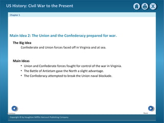 Chapter 1
Copyright © by Houghton Mifflin Harcourt Publishing Company
NextPrevious
US History: Civil War to the Present
Main Idea 2: The Union and the Confederacy prepared for war.
The Big Idea
Confederate and Union forces faced off in Virginia and at sea.
Main Ideas
• Union and Confederate forces fought for control of the war in Virginia.
• The Battle of Antietam gave the North a slight advantage.
• The Confederacy attempted to break the Union naval blockade.
 