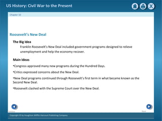 Copyright © by Houghton Mifflin Harcourt Publishing Company
NextPrevious
Chapter 10
US History: Civil War to the Present
Roosevelt’s New Deal
The Big Idea
Franklin Roosevelt’s New Deal included government programs designed to relieve
unemployment and help the economy recover.
Main Ideas
•Congress approved many new programs during the Hundred Days.
•Critics expressed concerns about the New Deal.
•New Deal programs continued through Roosevelt’s first term in what became known as the
Second New Deal.
•Roosevelt clashed with the Supreme Court over the New Deal.
 