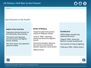 Copyright © by Houghton Mifflin Harcourt Publishing Company
NextPrevious
Chapter 11
US History: Civil War to the Present
Guadalcanal
•Allies began recapturing
Japanese territory.
•August 1942– American
Marines invade Guadalcanal.
•Six months of intense fighting
•February 1943– Allied victory
Key Victories in the Pacific
Battle of Midway
•Japanese planned surprise
attack on Midway Islands.
•June 4, 1942– Japanese
attack and American fighters
launch
•American bombers destroy
four carriers and severely
weaken Japanese naval power.
•Allied victory
Battle of the Coral Sea
•Japanese planned assault on
Port Moresby, New Guinea.
•American and Japanese
aircraft carriers and fighter
planes clashed.
•No clear victor, but Japanese
advance halted
 