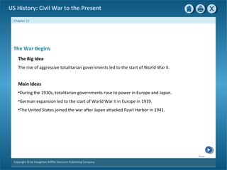 Next
Copyright © by Houghton Mifflin Harcourt Publishing Company
Chapter 11
US History: Civil War to the Present
The War Begins
The Big Idea
The rise of aggressive totalitarian governments led to the start of World War II.
Main Ideas
•During the 1930s, totalitarian governments rose to power in Europe and Japan.
•German expansion led to the start of World War II in Europe in 1939.
•The United States joined the war after Japan attacked Pearl Harbor in 1941.
 