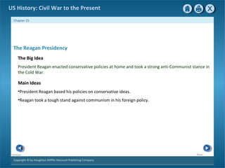 Copyright © by Houghton Mifflin Harcourt Publishing Company
NextPrevious
Chapter 15
US History: Civil War to the Present
The Reagan Presidency
The Big Idea
President Reagan enacted conservative policies at home and took a strong anti-Communist stance in
the Cold War.
Main Ideas
•President Reagan based his policies on conservative ideas.
•Reagan took a tough stand against communism in his foreign policy.
 