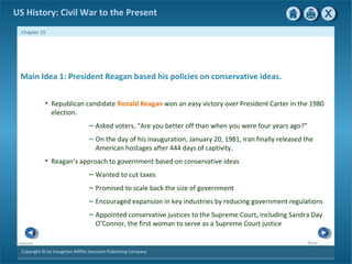 Copyright © by Houghton Mifflin Harcourt Publishing Company
NextPrevious
Chapter 15
US History: Civil War to the Present
Main Idea 1: President Reagan based his policies on conservative ideas.
• Republican candidate Ronald Reagan won an easy victory over President Carter in the 1980
election.
– Asked voters, “Are you better off than when you were four years ago?”
– On the day of his inauguration, January 20, 1981, Iran finally released the
American hostages after 444 days of captivity.
• Reagan’s approach to government based on conservative ideas
– Wanted to cut taxes
– Promised to scale back the size of government
– Encouraged expansion in key industries by reducing government regulations
– Appointed conservative justices to the Supreme Court, including Sandra Day
O’Connor, the first woman to serve as a Supreme Court justice
 