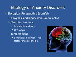 Etiology of Anxiety Disorders
• Biological Perspective (cont’d)
– Amygdala and hippocampus more active
– Neurotransmitters:
• Low serotonin levels
• Low GABA
– Temperament
• Behavioral inhibition – risk
factor for social phobia
 