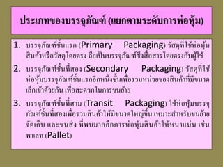 ประเภทของบรรจุภัณฑ์ (แยกตำมระดับกำรห่อหุ้ม)
1. บรรจุภัณฑ์ชั้นแรก (Primary Packaging) วัสดุที่ใช้ห่อหุ้ม
สินค้าหรือวัสดุโดยตรง ถือเป็นบรรจุภัณฑ์ซึ่งสื่อสารโดยตรงกับผู้ใช้
2. บรรจุภัณฑ์ชั้นที่สอง (Secondary Packaging) วัสดุที่ใช้
ห่อหุ้มบรรจุภัณฑ์ชั้นแรกอีกหนึ่งชั้นเพื่อรวมหน่วยของสินค้าที่มีขนาด
เล็กเข้าด้วยกัน เพื่อสะดวกในการขนย้าย
3. บรรจุภัณฑ์ชั้นที่สาม (Transit Packaging) ใช้ห่อหุ้มบรรจุ
ภัณฑ์ชั้นที่สองเพื่อรวมสินค้าให้มีขนาดใหญ่ขึ้น เหมาะสาหรับขนย้าย
จัดเก็บ และขนส่ง ที่พบมากคือการห่อหุ้มสินค้าให้หนาแน่น เช่น
พาเลท (Pallet)
 