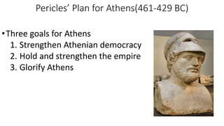 Pericles’ Plan for Athens(461-429 BC)
•Three goals for Athens
1. Strengthen Athenian democracy
2. Hold and strengthen the empire
3. Glorify Athens
 