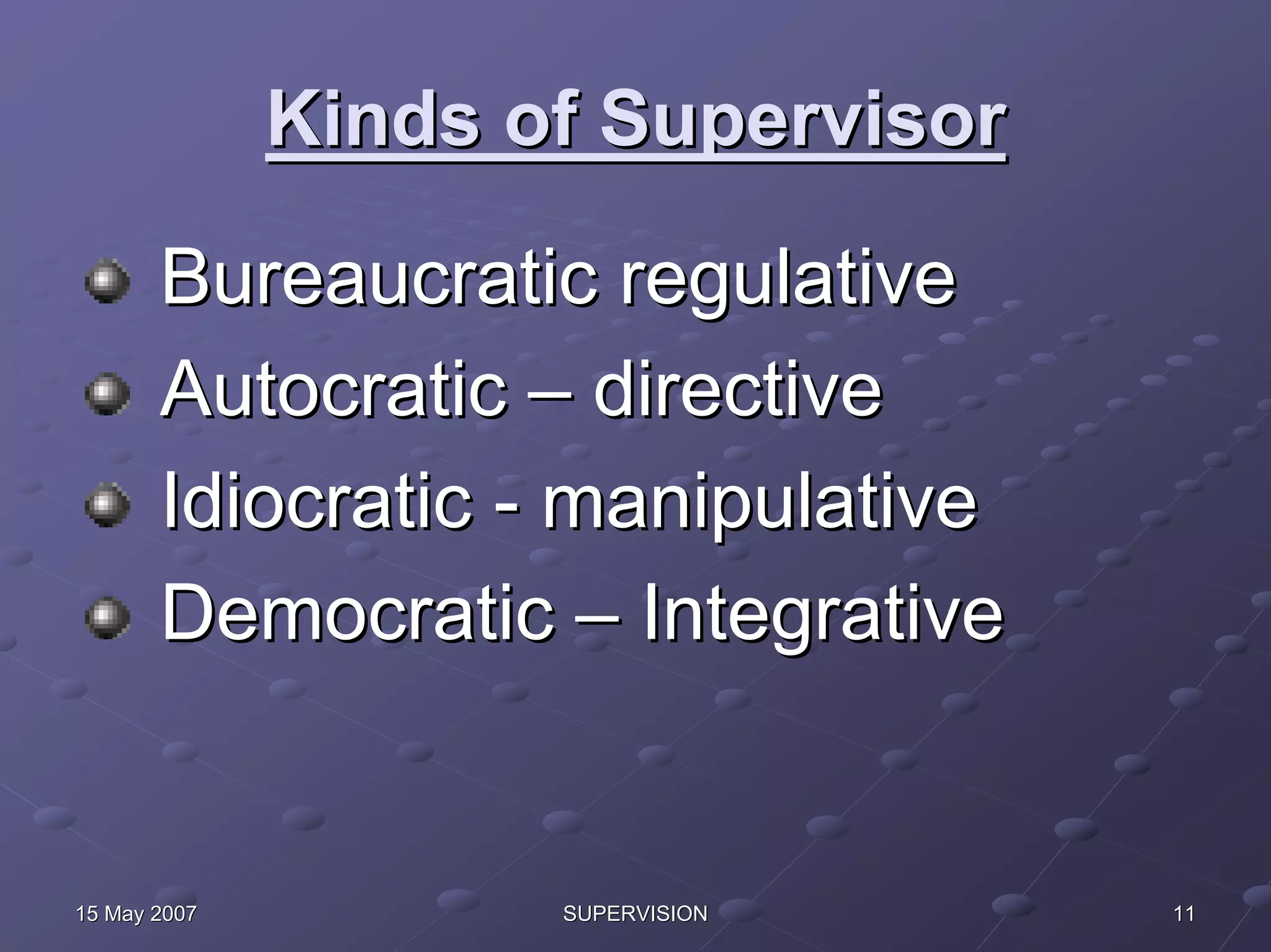 Kinds of Supervisor

       Bureaucratic regulative
       Autocratic – directive
       Idiocratic - manipulative
       Democratic – Integrative


15 May 2007          SUPERVISION    11
 