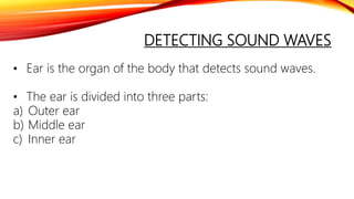 DETECTING SOUND WAVES
• Ear is the organ of the body that detects sound waves.
• The ear is divided into three parts:
a) Outer ear
b) Middle ear
c) Inner ear
 