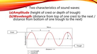 • Two characteristics of sound waves:
(a)Amplitude (height of crest or depth of trough)
(b)Wavelength (distance from top of one crest to the next /
distance from bottom of one trough to the next)
Crest
Trough
 