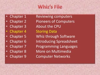 • Chapter 1 Reviewing computers
• Chapter 2 Pioneers of Computers
• Chapter 3 About the CPU
• Chapter 4 Storing Data
• Chapter 5 Whiz through Software
• Chapter 6 Introducing Spreadsheet
• Chapter 7 Programming Languages
• Chapter 8 More on Multimedia
• Chapter 9 Computer Networks
 