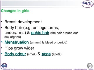 10 of 40 © Boardworks Ltd 2008
Changes in girls
• Breast development
• Body hair (e.g. on legs, arms,
underarms) & pubic hairpubic hair (the hair around our
sex organs)
• MenstruationMenstruation (a monthly bleed or period)
• Hips grow wider
• Body odourBody odour (smell) & acneacne (spots)
 
