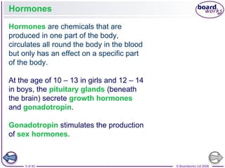 5 of 40 © Boardworks Ltd 2008
Hormones
Hormones are chemicals that are
produced in one part of the body,
circulates all round the body in the blood
but only has an effect on a specific part
of the body.
At the age of 10 – 13 in girls and 12 – 14
in boys, the pituitary glands (beneath
the brain) secrete growth hormones
and gonadotropin.
Gonadotropin stimulates the production
of sex hormones.
 