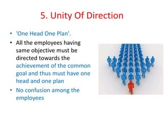 5. Unity Of Direction
• 'One Head One Plan'.
• All the employees having
same objective must be
directed towards the
achievement of the common
goal and thus must have one
head and one plan
• No confusion among the
employees
 