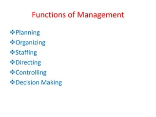 Functions of Management
Planning
Organizing
Staffing
Directing
Controlling
Decision Making
 