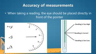 Accuracy of measurements
• When taking a reading, the eye should be placed directly in
front of the pointer
 
