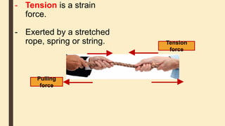 - Tension is a strain
force.
- Exerted by a stretched
rope, spring or string.
Pulling
force
Tension
force
 