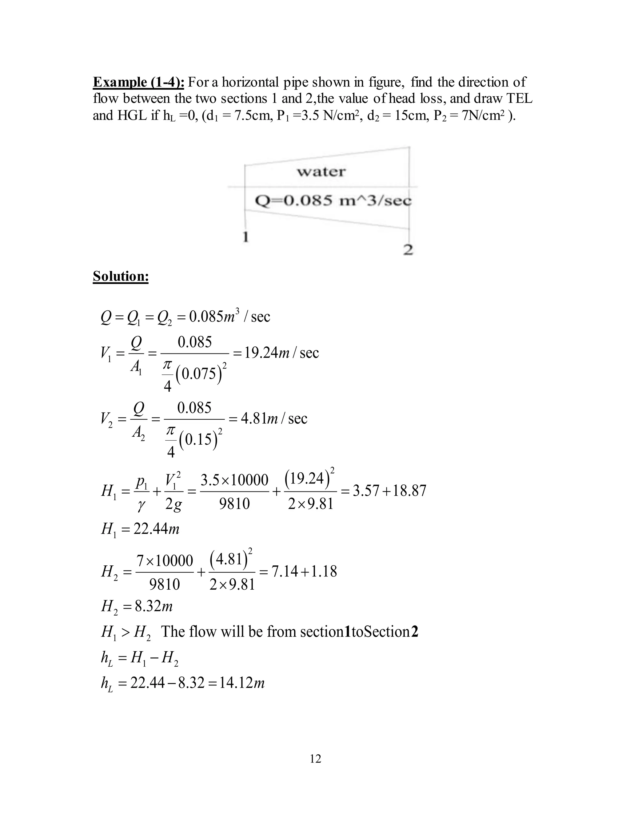 12
Example (1-4): For a horizontal pipe shown in figure, find the direction of
flow between the two sections 1 and 2,the value of head loss, and draw TEL
and HGL if hL =0, (d1 = 7.5cm, P1 =3.5 N/cm2, d2 = 15cm, P2 = 7N/cm2 ).
Solution:
 
 
 
 
3
1 2
1
2
1
2
2
2
22
1 1
1
1
2
2
2
1 2
0.085 / sec
0.085
19.24 / sec
0.075
4
0.085
4.81 / sec
0.15
4
19.243.5 10000
3.57 18.87
2 9810 2 9.81
22.44
4.817 10000
7.14 1.18
9810 2 9.81
8.32
The flow wi
Q Q Q m
Q
V m
A
Q
V m
A
p V
H
g
H m
H
H m
H H



  
  
  

     



   



1 2
ll be from section toSection
22.44 8.32 14.12
L
L
h H H
h m
 
  
1 2
 