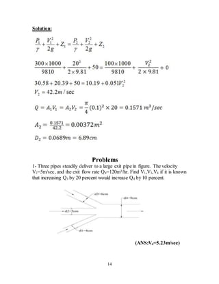 14
Solution:
Problems
1- Three pipes steadily deliver to a large exit pipe in figure. The velocity
V2=5m/sec, and the exit flow rate Q4=120m3/hr. Find V1,V3,V4 if it is known
that increasing Q3 by 20 percent would increase Q4 by 10 percent.
(ANS:V4=5.23m/sec)
 