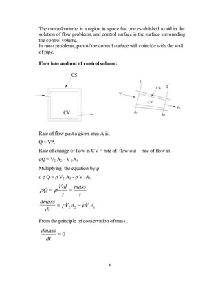 6
The controlvolume is a region in spacethat one established to aid in the
solution of flow problems, and control surface is the surface surrounding
the control volume.
In most problems, part of the control surface will coincide with the wall
of pipe.
Flow into and out of controlvolume:
Rate of flow past a given area A is,
Q = VA
Rate of change of flow in CV = rate of flow out – rate of flow in
dQ = V2 A2 - V 1A1
Multiplying the equation by ρ
d ρ Q = ρ V2 A2 - ρ V 1A1
2 2 1 1
Vol mass
Q
t t
dmass
V A V A
dt
 
 
 
 
From the principle of conservation of mass,
0
dmass
dt

 