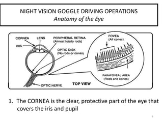 6
NIGHT VISION GOGGLE DRIVING OPERATIONS
Anatomy of the Eye
1. The CORNEA is the clear, protective part of the eye that
covers the iris and pupil
 