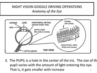 8
NIGHT VISION GOGGLE DRIVING OPERATIONS
Anatomy of the Eye
3. The PUPIL is a hole in the center of the iris. The size of th
pupil varies with the amount of light entering the eye.
That is, it gets smaller with increase
 