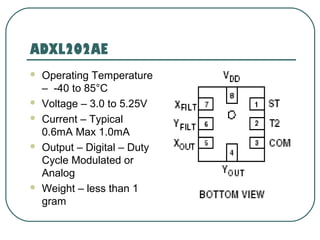 ADXL202AE
 Operating Temperature
– -40 to 85°C
 Voltage – 3.0 to 5.25V
 Current – Typical
0.6mA Max 1.0mA
 Output – Digital – Duty
Cycle Modulated or
Analog
 Weight – less than 1
gram
 