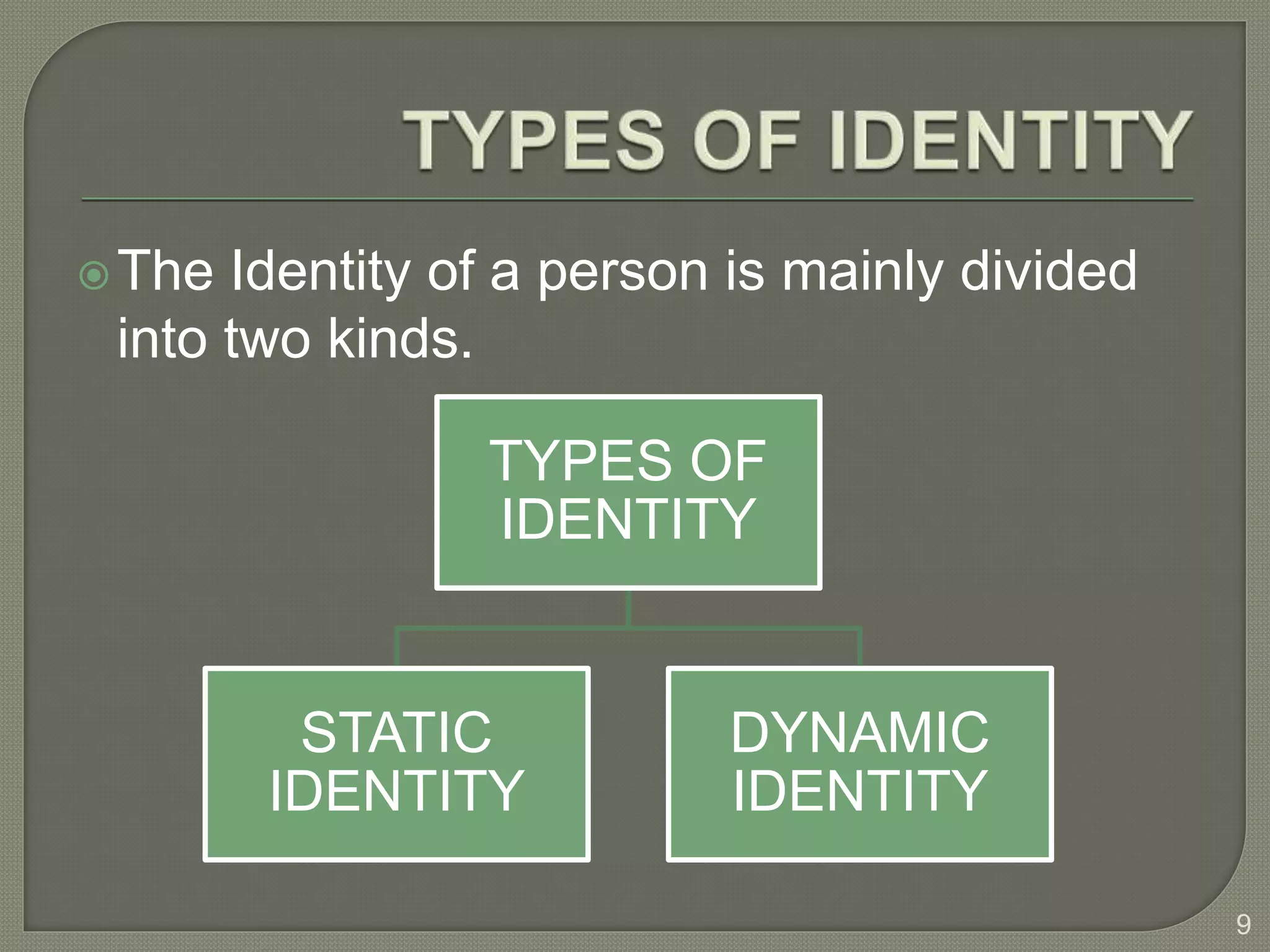 The Identity of a person is mainly divided
into two kinds.
9
TYPES OF
IDENTITY
STATIC
IDENTITY
DYNAMIC
IDENTITY
 