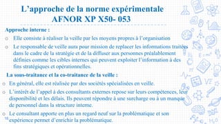 L’approche de la norme expérimentale
AFNOR XP X50- 053
Approche interne :
o Elle consiste à réaliser la veille par les moyens propres à l’organisation
o Le responsable de veille aura pour mission de replacer les informations traitées
dans le cadre de la stratégie et de la diffuser aux personnes préalablement
définies comme les cibles internes qui peuvent exploiter l’information à des
fins stratégiques et opérationnelles.
La sous-traitance et la co-traitance de la veille :
o En général, elle est réalisée par des sociétés spécialisées en veille.
o L’intérêt de l’appel à des consultants externes repose sur leurs compétences, leur
disponibilité et les délais. Ils peuvent répondre à une surcharge ou à un manque
de personnel dans la structure interne.
o Le consultant apporte en plus un regard neuf sur la problématique et son
expérience permet d’enrichir la problématique.16
 