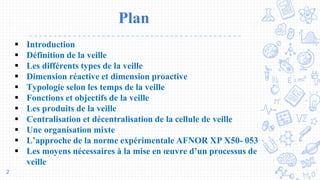 Plan
2
 Introduction
 Définition de la veille
 Les différents types de la veille
 Dimension réactive et dimension proactive
 Typologie selon les temps de la veille
 Fonctions et objectifs de la veille
 Les produits de la veille
 Centralisation et décentralisation de la cellule de veille
 Une organisation mixte
 L’approche de la norme expérimentale AFNOR XP X50- 053
 Les moyens nécessaires à la mise en œuvre d’un processus de
veille
 
