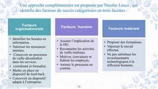 36
Une approche complémentaire est proposée par Nicolas Lesca , qui
identifie des facteurs de succès catégorisées en trois facettes :
Facteurs
organisationnels
• Identifier les besoins en
information.
• Valoriser les ressources
internes.
• Concevoir un processus
de veille décentralisé
dans les services.
• coordonné et formalisé.
• Mettre en place un
dispositif de feed-back .
• Concevoir un dispositif
adapté à l’entreprise.
Facteurs matériels
• Proposer des formations.
• Valoriser le travail
effectué.
• Ne pas substituer les
investissements
technologiques à la
réflexion humaine.
Facteurs humains
• Assurer l’implication de
la DG.
• Reconnaitre les activités
de veille réalisées.
• Motiver, convaincre et
fédérer les employés.
• Animer le processus en
continu.
 