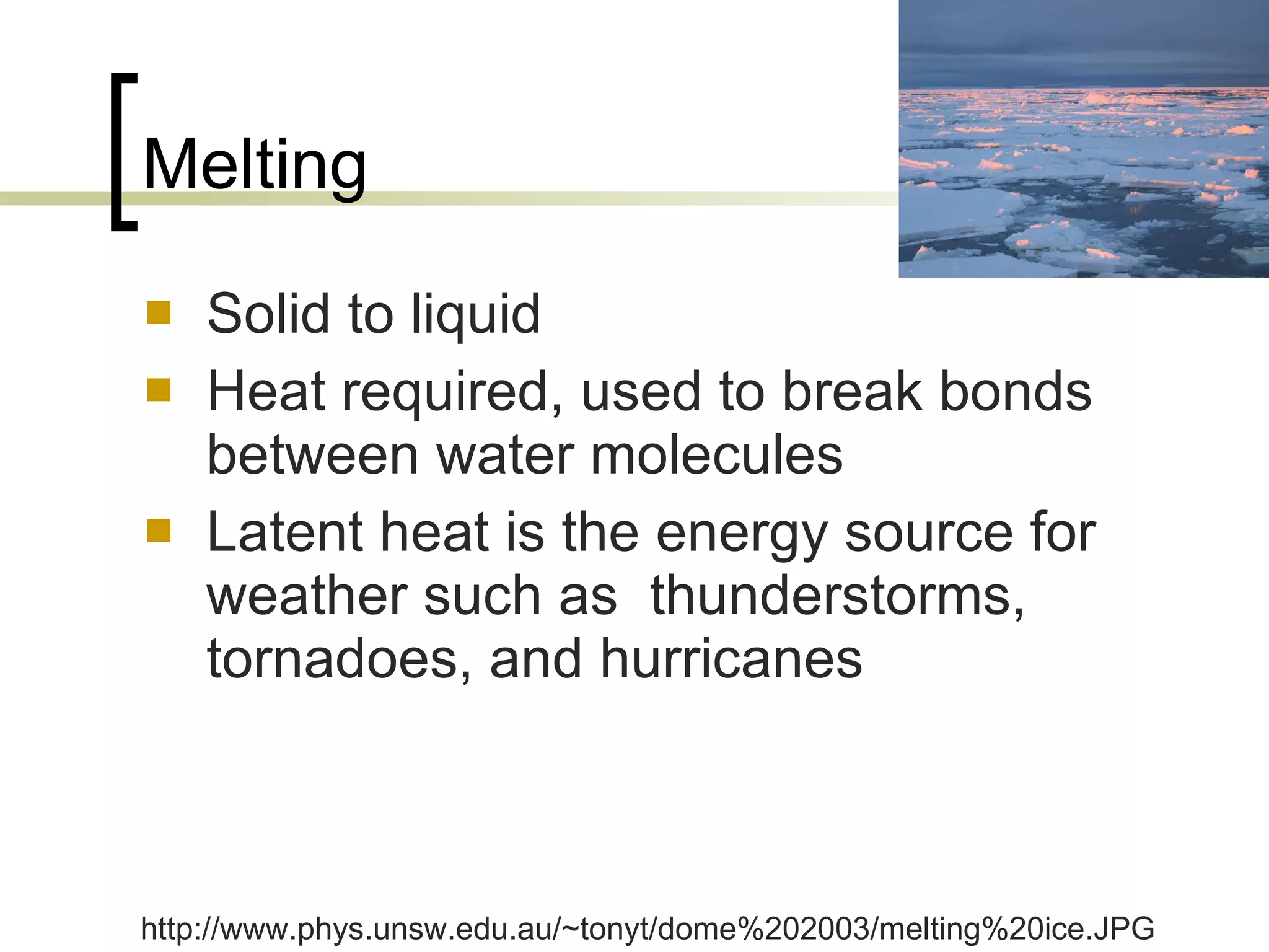 Melting Solid to liquid Heat required, used to break bonds between water molecules Latent heat is the energy source for weather such as  thunderstorms, tornadoes, and hurricanes http://www.phys.unsw.edu.au/~tonyt/dome%202003/melting%20ice.JPG 