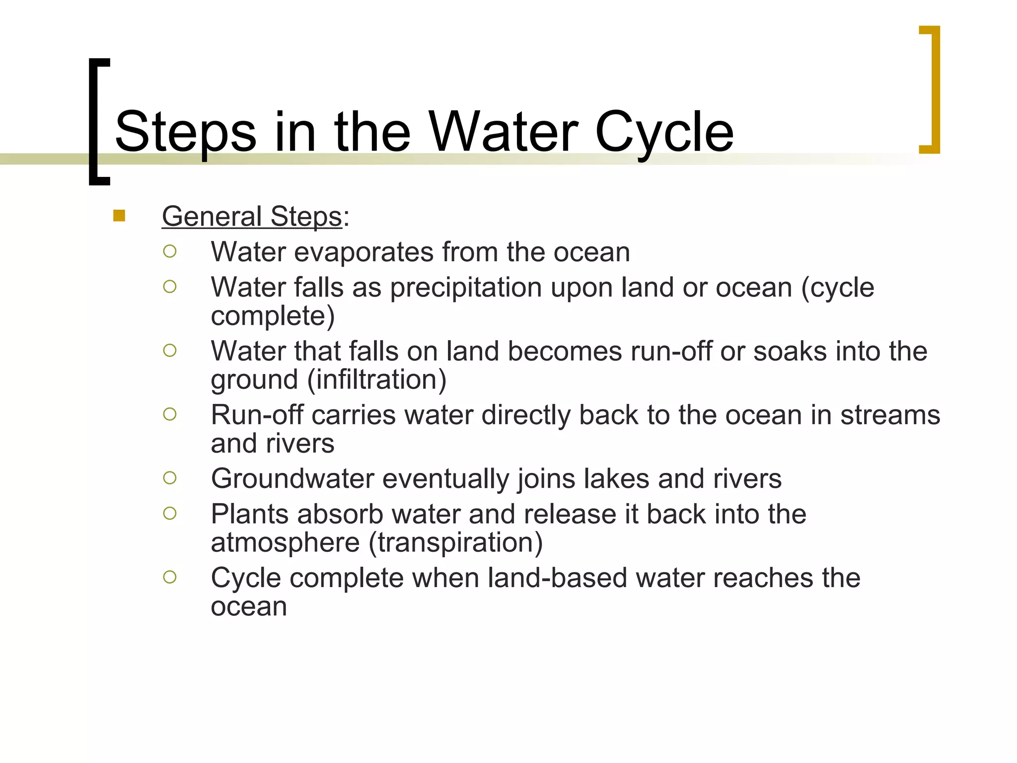 Steps in the Water Cycle General Steps : Water evaporates from the ocean  Water falls as precipitation upon land or ocean (cycle complete) Water that falls on land becomes run-off or soaks into the ground (infiltration) Run-off carries water directly back to the ocean in streams and rivers Groundwater eventually joins lakes and rivers Plants absorb water and release it back into the atmosphere (transpiration) Cycle complete when land-based water reaches the ocean 