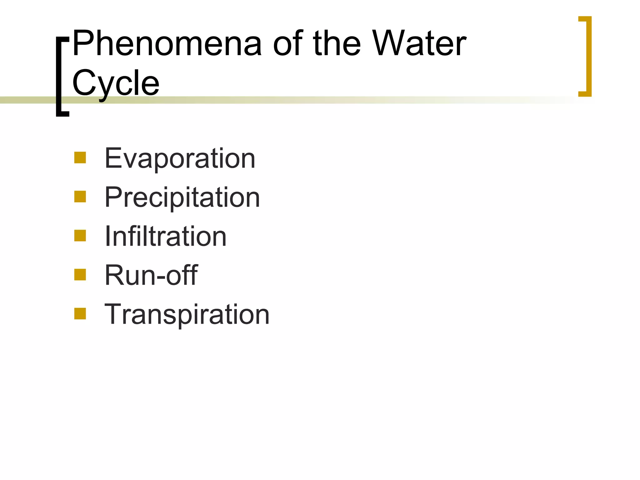 Phenomena of the Water Cycle Evaporation Precipitation Infiltration Run-off Transpiration 