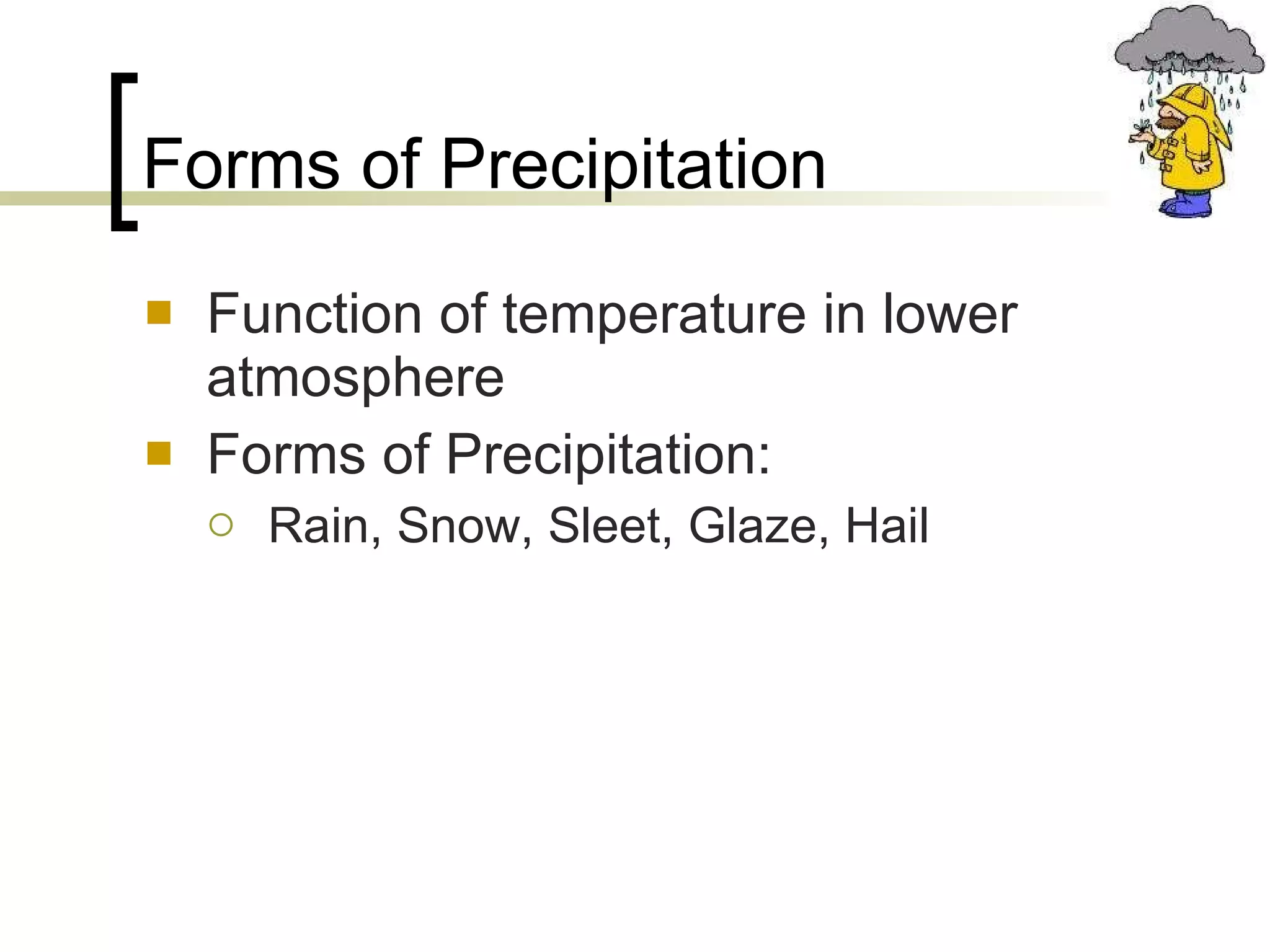 Forms of Precipitation Function of temperature in lower atmosphere Forms of Precipitation: Rain, Snow, Sleet, Glaze, Hail 