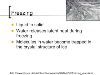 Freezing Liquid to solid Water releases latent heat during freezing Molecules in water become trapped in the crystal structure of ice http://www.bbc.co.uk/bristol/content/weather/2002/a2z/f/freezing_rain.shtml                                                   