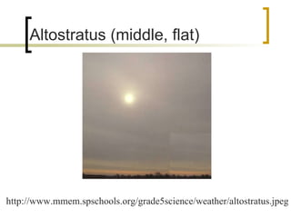 Altostratus (middle, flat) http://www.mmem.spschools.org/grade5science/weather/altostratus.jpeg 