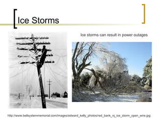 Ice Storms http://www.bellsystemmemorial.com/images/edward_kelly_photos/red_bank_nj_ice_storm_open_wire.jpg Ice storms can result in power outages 