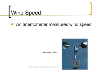 Wind Speed An anemometer measures wind speed Anemometer http://www.pfmt.org/standman/images/anameter1.gif 